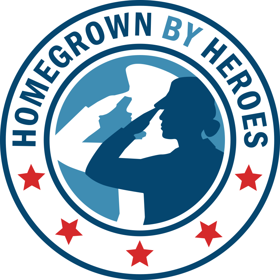 Douglas+Davis+-+IMG_6313 Logo of "Homegrown by Heroes," featuring silhouettes of a male and female soldier saluting, surrounded by a circular design with red stars, symbolizing support for veterans and military families.